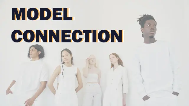 Model Connection — five models standing in a line against a white studio wall