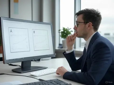 A product manager conducting A/B testing in product, focused on a computer screen displaying two website versions labeled A and B with graphs of conversion rates in a modern office.