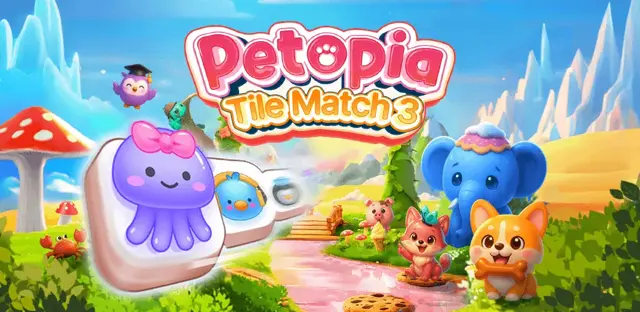 Petopia: Tile Match 3 title art: a purple jellyfish on a mahjong tile beside a corgi, a fox, an elephant and a piglet in a pastel valley.