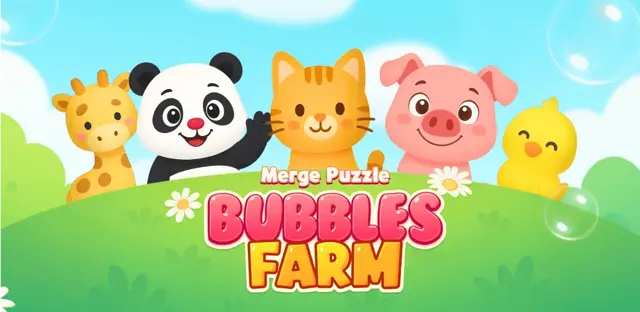 Bubbles Farm – Merge Puzzle title art: a giraffe, a panda, a cat, a pig and a chick on a green hill among soap bubbles.