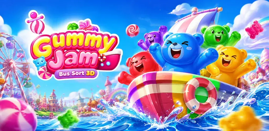 Gummy Jam: Bus Sort 3D title art: cheering gummy bears in a candy-striped boat on bright water, with a sweet-shop fairground behind them.