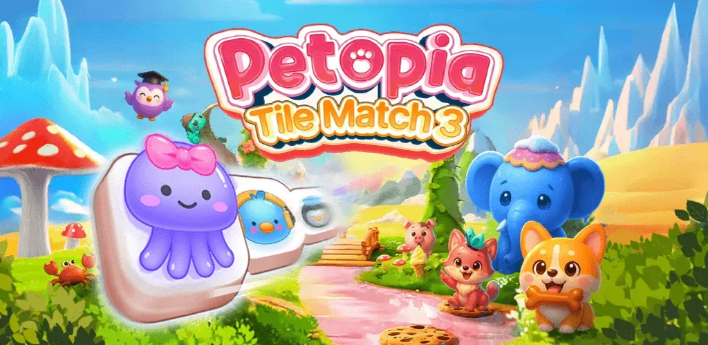 Petopia: Tile Match 3 title art: a purple jellyfish on a mahjong tile beside a corgi, a fox, an elephant and a piglet in a pastel valley.