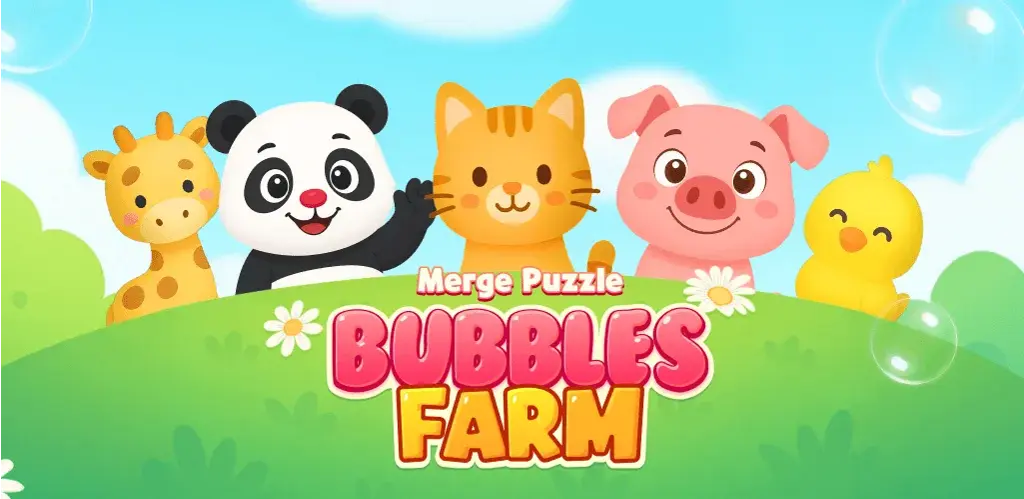 Bubbles Farm – Merge Puzzle title art: a giraffe, a panda, a cat, a pig and a chick on a green hill among soap bubbles.
