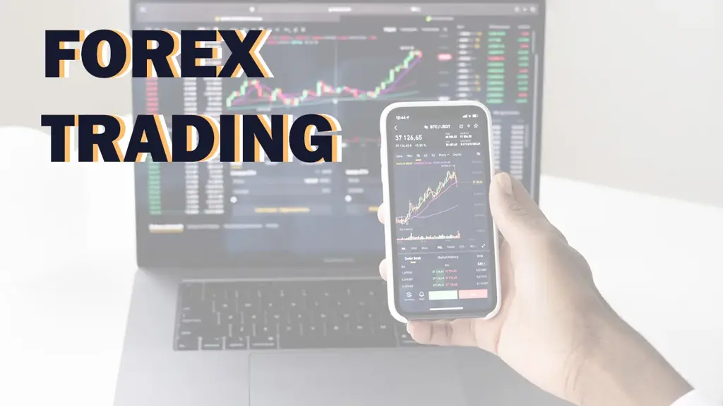 Forex Trading — a phone showing a rising price chart, held in front of a laptop running a trading terminal