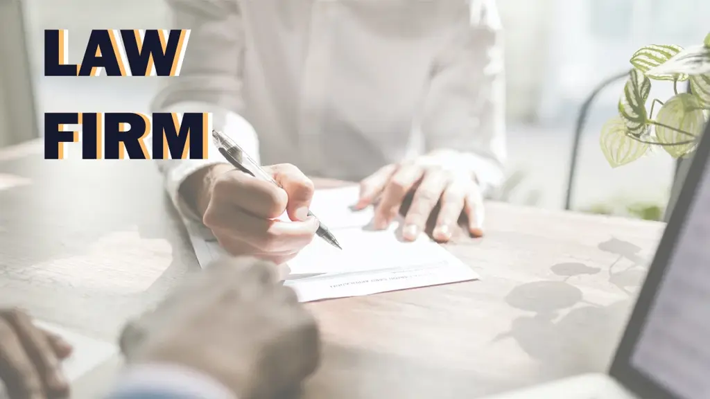 Law Firm — a lawyer signing a document across a desk from a client