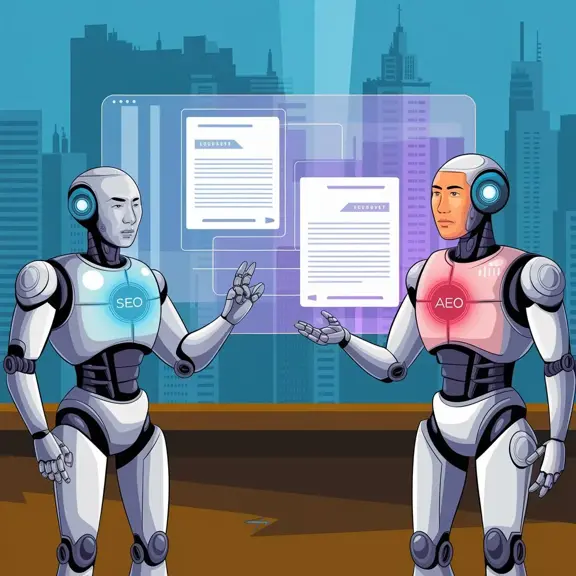 Two robots labelled SEO and AEO facing each other across floating documents, with a city skyline behind them