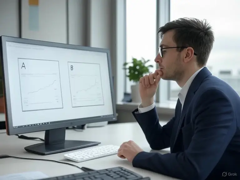 A product manager conducting A/B testing in product, focused on a computer screen displaying two website versions labeled A and B with graphs of conversion rates in a modern office.