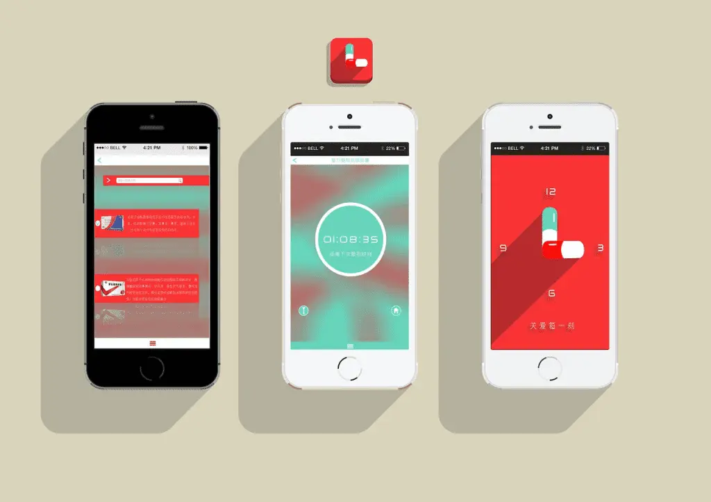 Three phone mockups of a medication reminder app with a countdown timer and pill icon