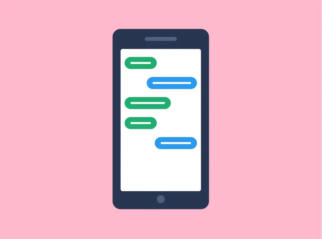 A phone screen of green and blue chat bubbles, drawn flat against a pink background