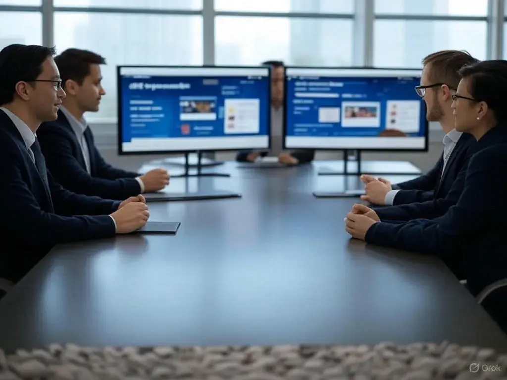 A modern computer screen displaying A/B testing in product, with two website versions side by side—one featuring a simple button design and the other a different layout—labeled Version A and Version B, including subtle performance metrics like upward arrows, and a few people viewing in the background.