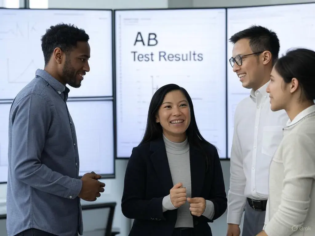 Team of professionals in a modern tech office reviewing A/B testing in product data on large screens with graphs and metrics.
