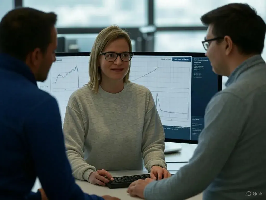 A team of three product developers in a modern office gathered around a computer screen displaying simplified A/B testing in product graphs, subtly highlighting pitfalls like inadequate sample size and too many variables