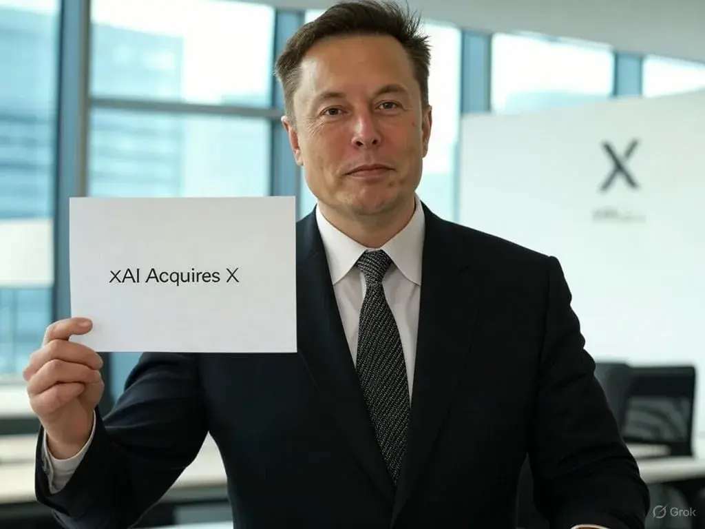 Elon Musk standing confidently in a modern office, holding a document