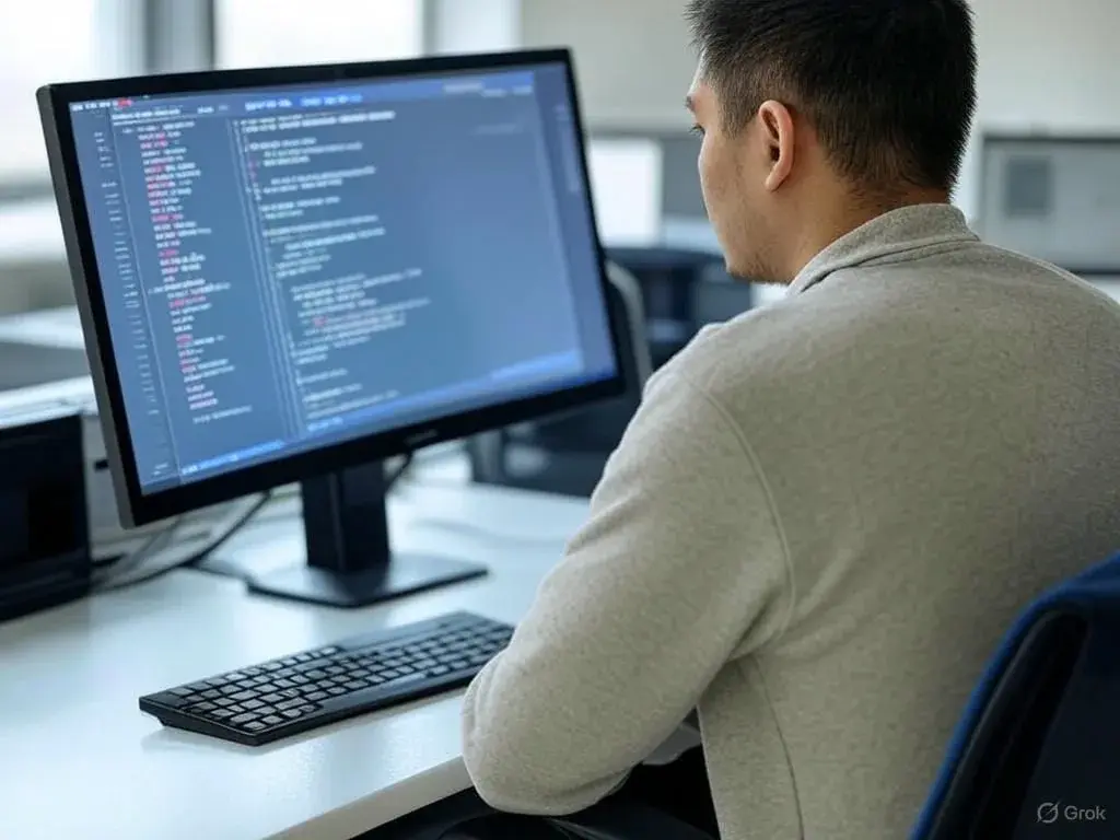 A developer focused on a computer screen at a modern desk, displaying simplified Python code snippets and the Amazon Nova Act SDK interface with the nova.amazon.com website in the corner.