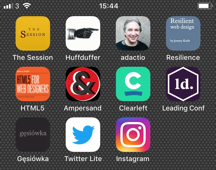 A phone home screen of web app icons including Twitter Lite and Instagram