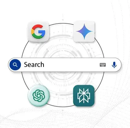 A search bar ringed by search and AI assistant logos, including Google, Gemini and OpenAI