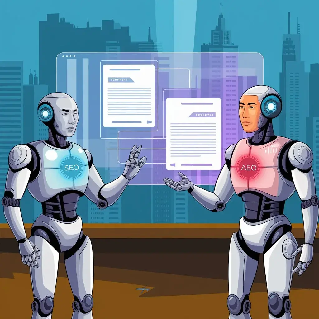 Two robots labelled SEO and AEO facing each other across floating documents