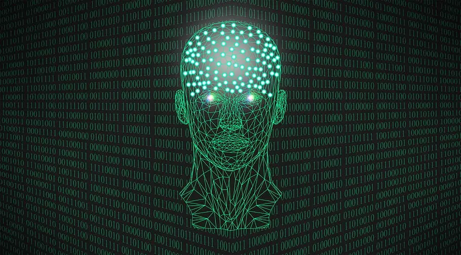 A wireframe human head with glowing nodes against a background of binary digits
