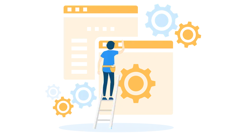 An illustration of a worker on a ladder adjusting browser windows among turning gears