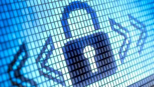 A padlock rendered on a blue digital display