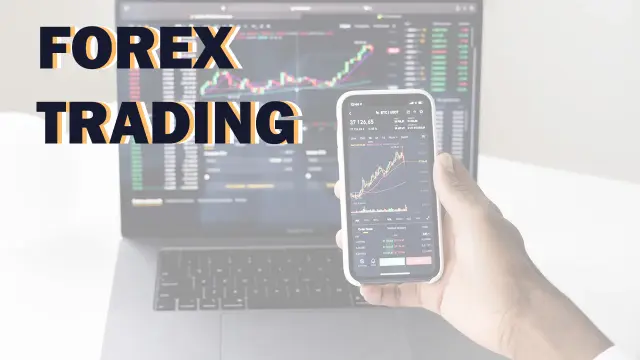 Forex Trading — a phone showing a rising price chart, held in front of a laptop running a trading terminal