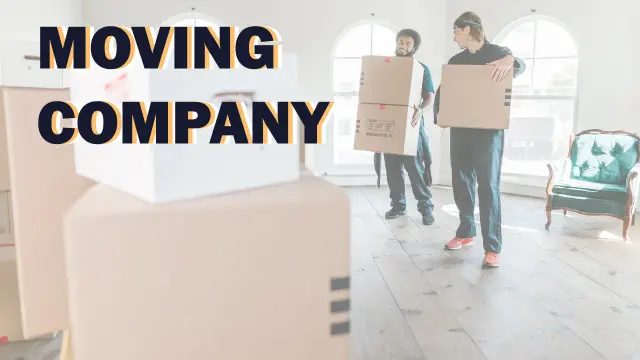 Moving Company — two movers carrying boxes into a bright, half-furnished apartment