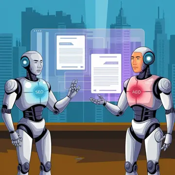 Two robots labelled SEO and AEO facing each other across floating documents, with a city skyline behind them