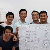 Five colleagues in front of a whiteboard covered in hand-written figures