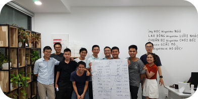 Colleagues gathered in the office beside a whiteboard of hand-written notes