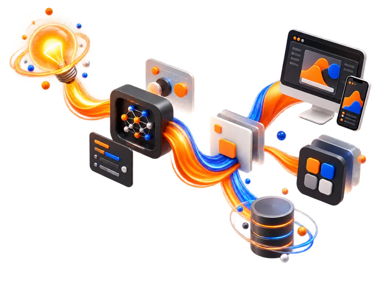 A glowing idea flowing through design, build and data stages into a finished web and mobile product