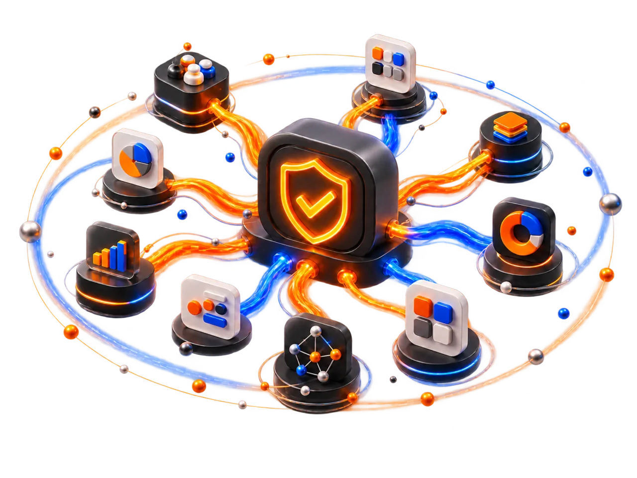 A security shield at the centre of a ring of connected product and analytics modules