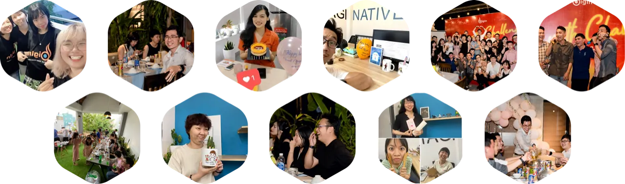 The BigIn team in hexagon-framed photos — office celebrations, shared meals and people at work